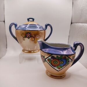 Elegant Lusterware Floral Ceramic Creamer and Sugar Set